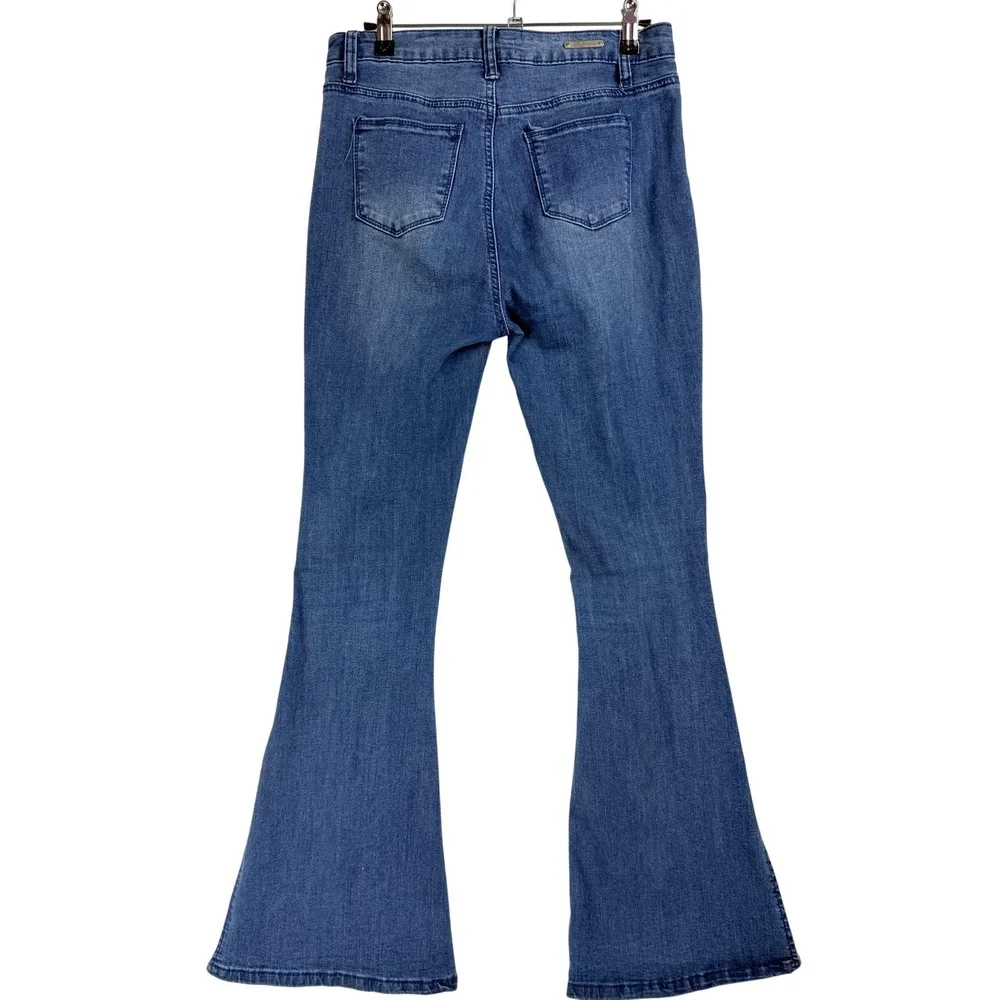 Miss California‎ Flare Jeans Women 7/8 Distressed Slit Hem Boho Y2K Retro Denim